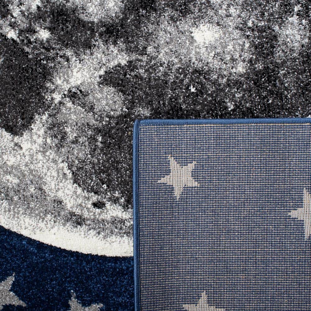 Starry Night Synthetic Round Kids Rug in Navy & Gray - Non-Slip and Stain-Resistant