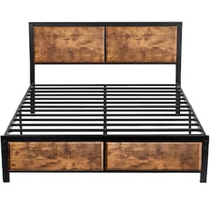 Queen Size Platform Metal Bed Frame with Wooden Headboard and Footboard，Rustic Country Style Bed Frame，62.9"W，Brown