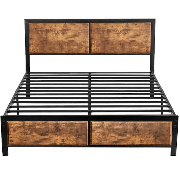 Queen Size Platform Metal Bed Frame with Wooden Headboard and Footboard，Rustic Country Style Bed Frame，62.9"W，Brown