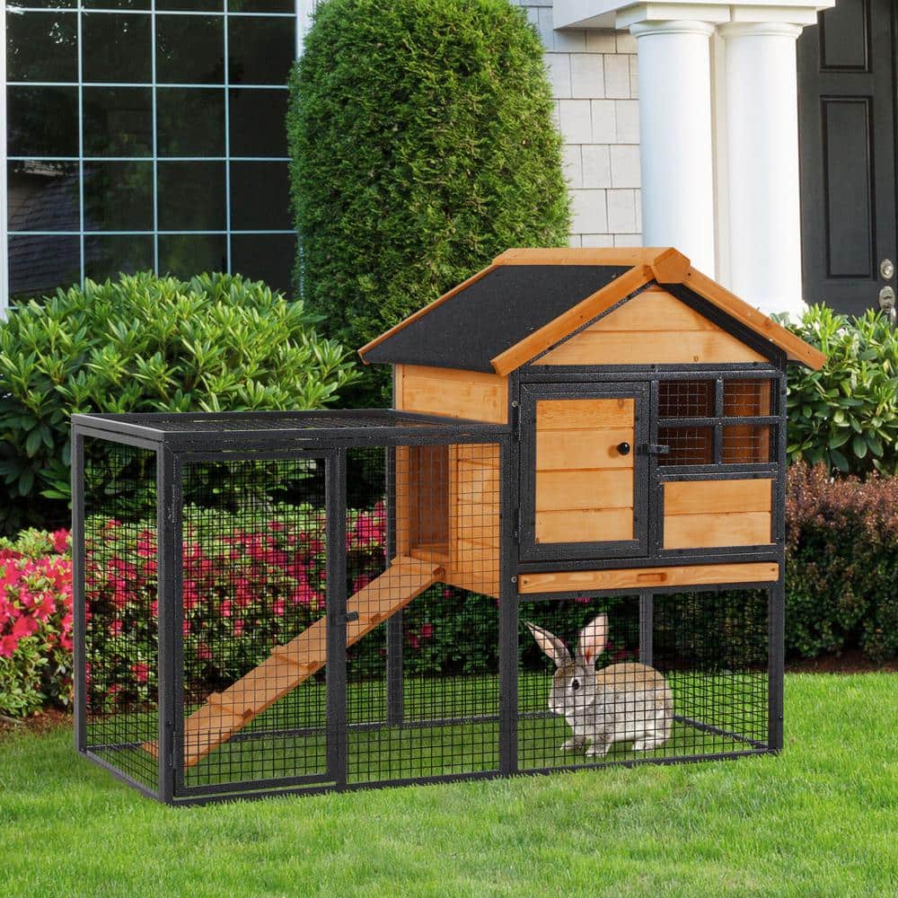 Natural Fir Wood and Metal 2-Level Rabbit Hutch with Asphalt Roof