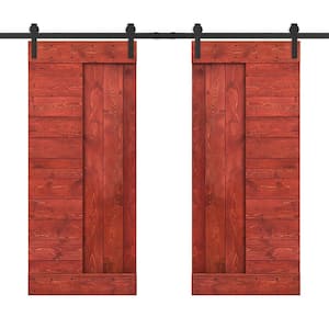 48 in. x 84 in. Cherry Red Stained DIY Knotty Pine Wood Interior Double Sliding Barn Door with Hardware Kit