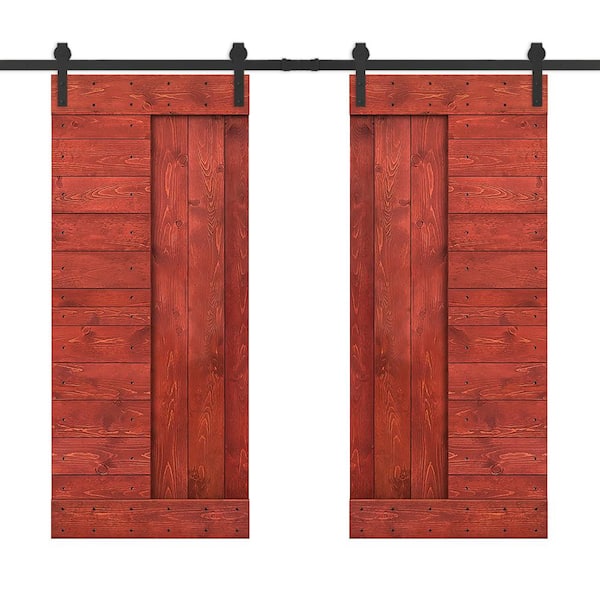 CALHOME 48 in. x 84 in. Cherry Red Stained DIY Knotty Pine Wood Interior Double Sliding Barn Door with Hardware Kit