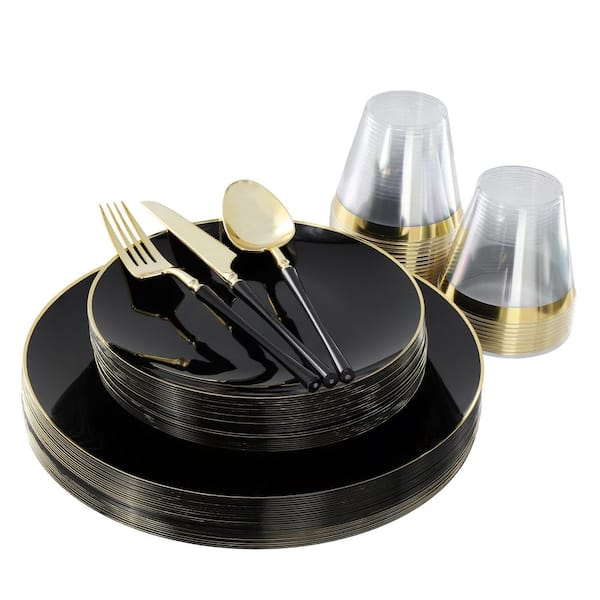 150-Piece Disposable Plastic Dinnerware Party Set for 25-Guests in Black with Gold Trim