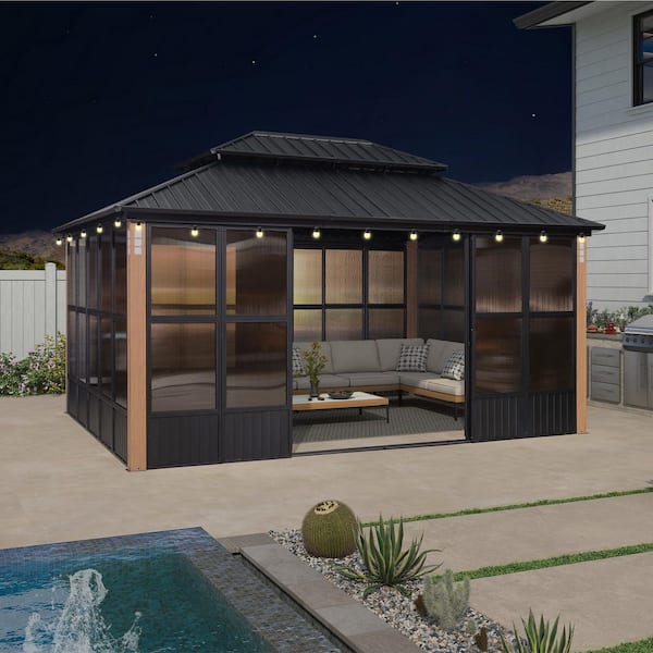 PURPLE LEAF 12ft. x 16ft. Sunroom Hardtop Gazebo with Wood Grain
