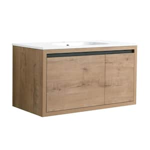 35 in. W x 18 in. D x 19 in. H Single Sink Wall Mounted Bath Vanity in Imitative Oak with White Gel Solid Surface Top