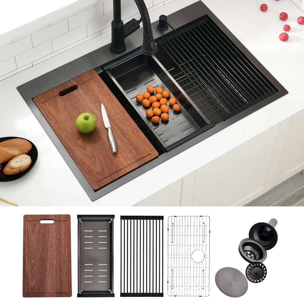 33 in. Drop-In Single Bowl 16G Black Stainless Steel Kitchen Sink with Work