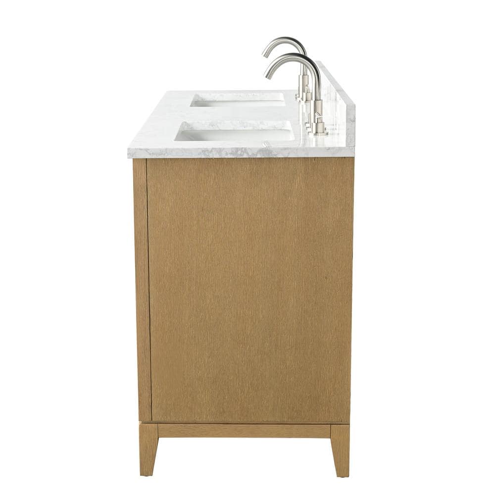 60" Natural Oak Double Sink Bathroom Vanity with Engineered Marble Top