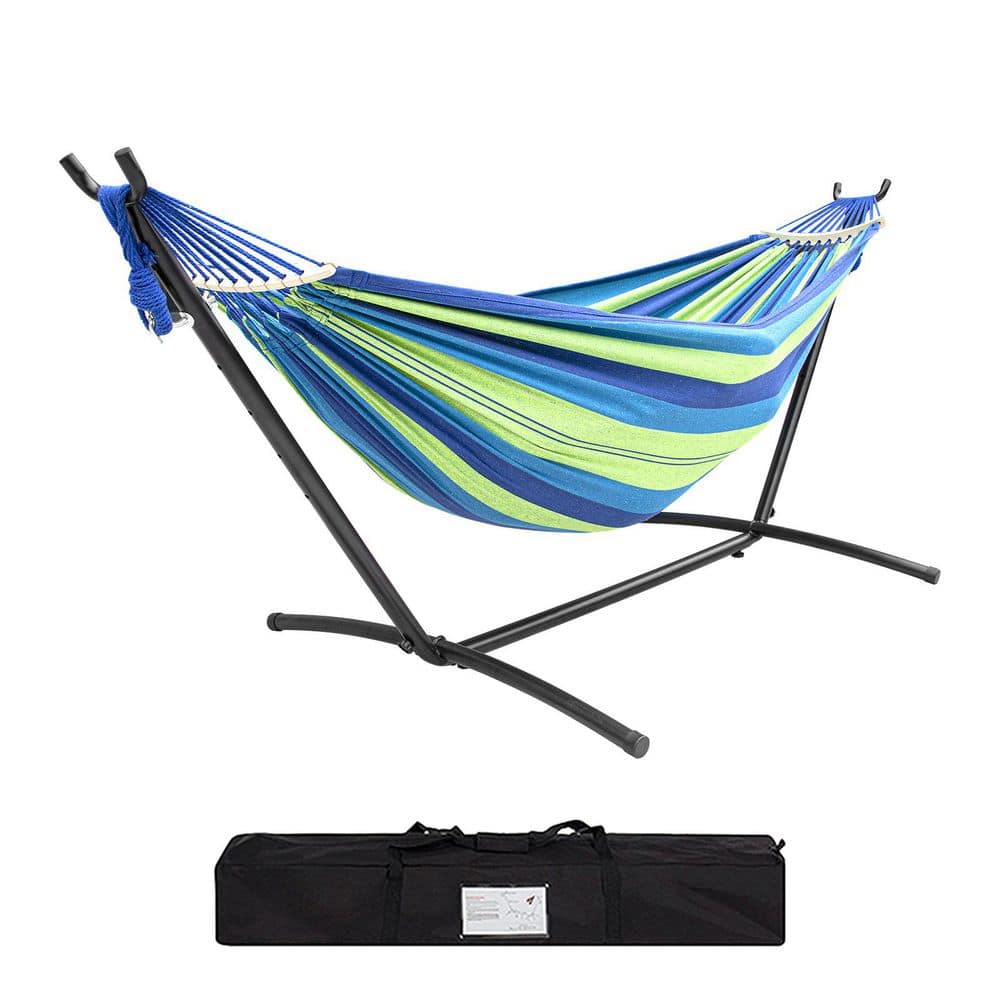 twocorn Portable Blue Green Hammock Bed with Stand Set with