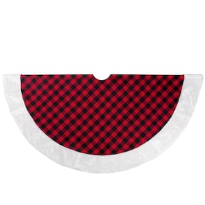 48 in. Red and Black Buffalo Plaid Christmas Tree Skirt with Faux Fur Trim