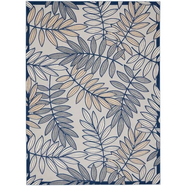 Aloha Ivory/Navy 9' x 12' Floral Modern Indoor/Outdoor Area Rug