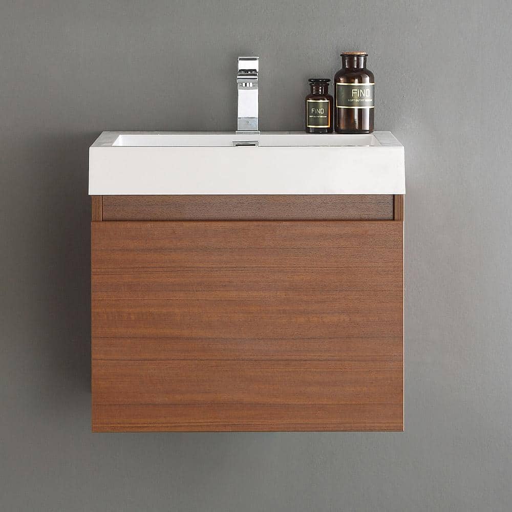 Teak Wall-Mounted Single Sink Vanity with Acrylic Top