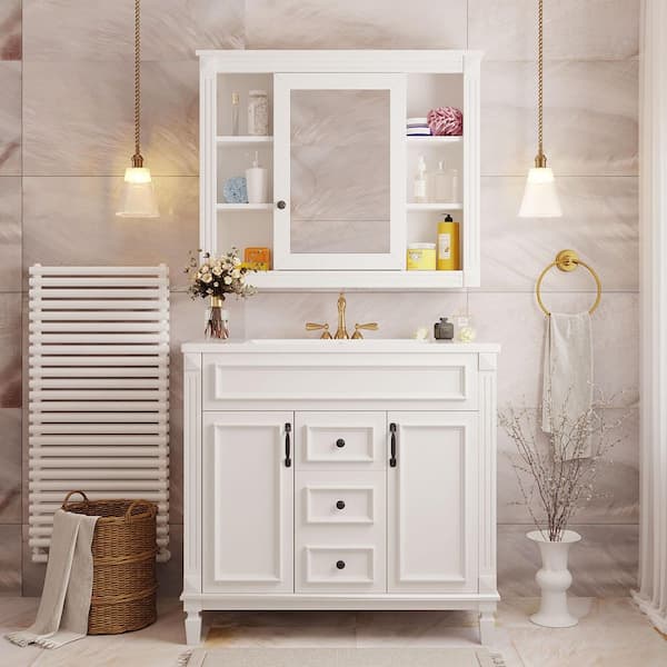 35.9 in. White Bath Vanity with White Ceramic Top with Top Sink, 2-Soft Closing Doors
