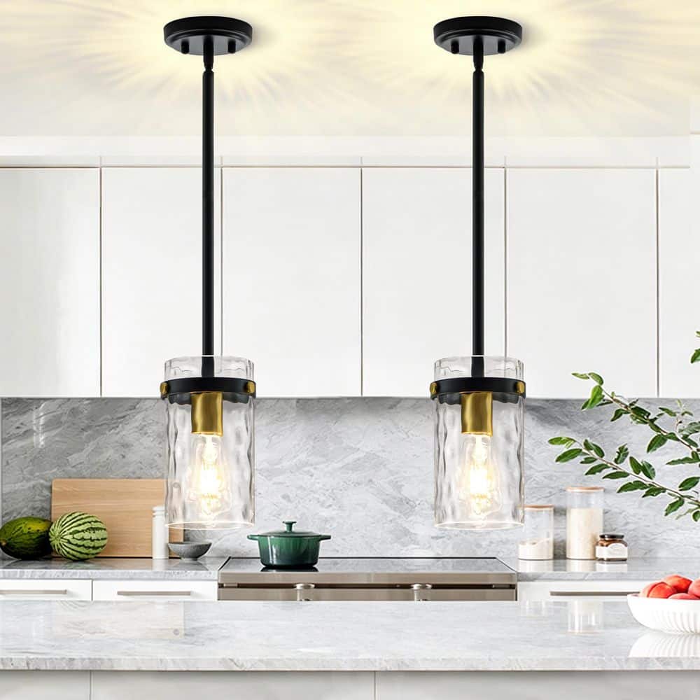 Jasslynn 2-Pack 5.11 in. Black and Gold Modern Pendant Light w/ Water Rippled Glass Shade for Kitchen Dining Room Foyer price history on PriceWatchPro