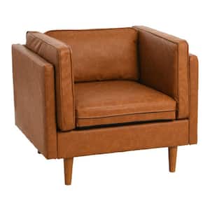Atley Modern Upholstered High Sided Arm Chair with Solid Wood Legs, Vegan Cognac Leather