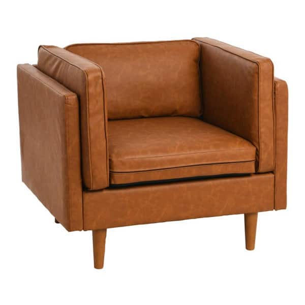Storied Home Atley Modern Upholstered High Sided Arm Chair with Solid Wood Legs, Vegan Cognac Leather