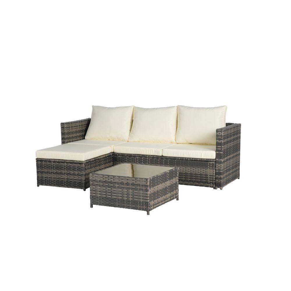 4-People Beige Wicker L-Shaped Outdoor Sectional Set with Light Gray Cushio