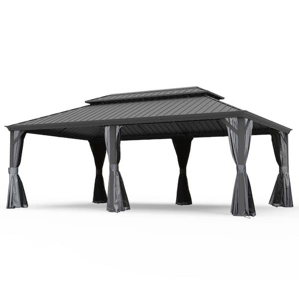 14 ft. x 24 ft. Galvanized Steel Hardtop Gazebo with Gutters and Mosquito Netting Gray