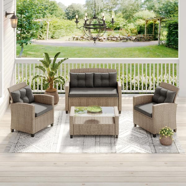 CORVUS Armitage 4-Piece Wicker Outdoor Patio Conversation Set with Gray Cushions