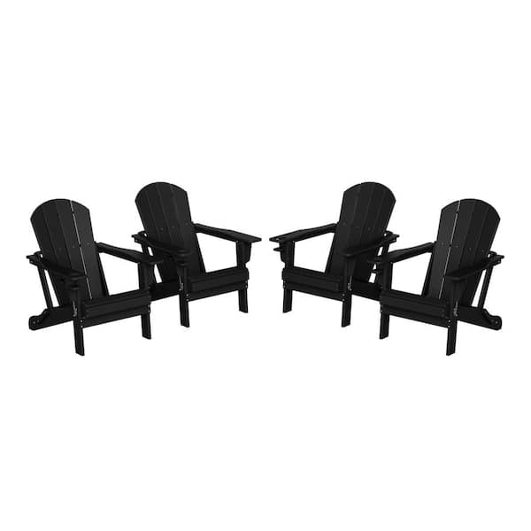 Alvaro Black Outdoor Patio Weather Proof HDPE Plastic Folding Adirondack Chair with Cup Holder, Set of 4