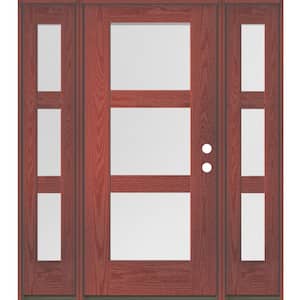 BRIGHTON Modern 64 in. x 80 in. 3-Lite Left-Hand/Inswing Satin Glass Redwood Stain Fiberglass Prehung Front Door