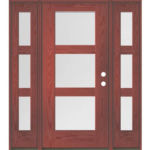 Krosswood Doors BRIGHTON Modern 64 in. x 80 in. 3-Lite Left-Hand/Inswing Satin Glass Redwood Stain Fiberglass Prehung Front Door
