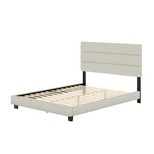 Sicily Upholstered Linen Tri Panel Platform Bed Frame with Headboard, Full, White