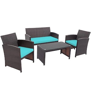 Brown 4-Piece Rattan Furniture Set Patio Conversation Set with Turquoise Cushions
