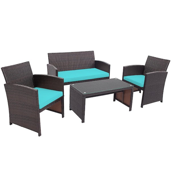 Costway Brown 4-Piece Rattan Furniture Set Patio Conversation Set with Turquoise Cushions