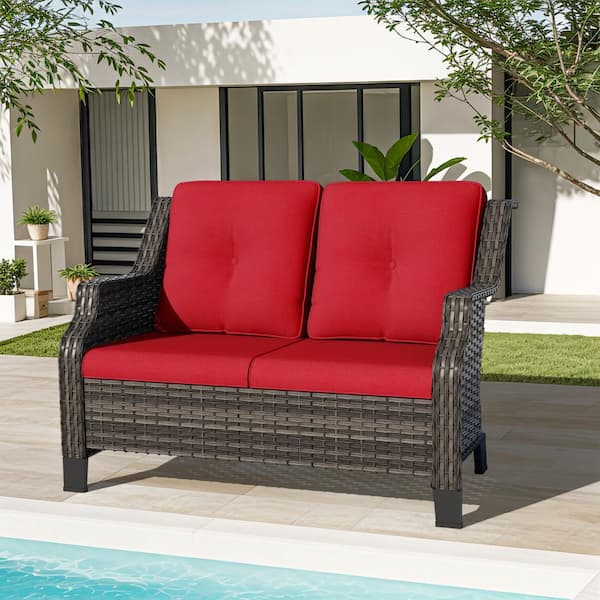 Brown Wicker Outdoor Patio Loveseat 2-Seat Sofa Couch with Red Cushions