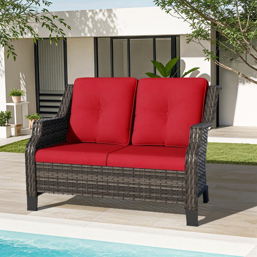 Brown Wicker Outdoor Patio Loveseat 2-Seat Sofa Couch with Red Cushions price history on PriceWatchPro