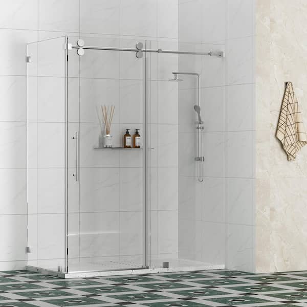 Kobiworks Radiance 54 in. W x 38 in. D x 76 in. H Sliding Frameless Corner Shower Enclosure in Chrome with Clear Glass