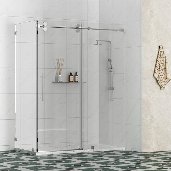 Kobiworks Radiance 66 in. W x 40 in. D x 76 in. H Sliding Frameless Corner Shower Enclosure in Chrome with Clear Glass