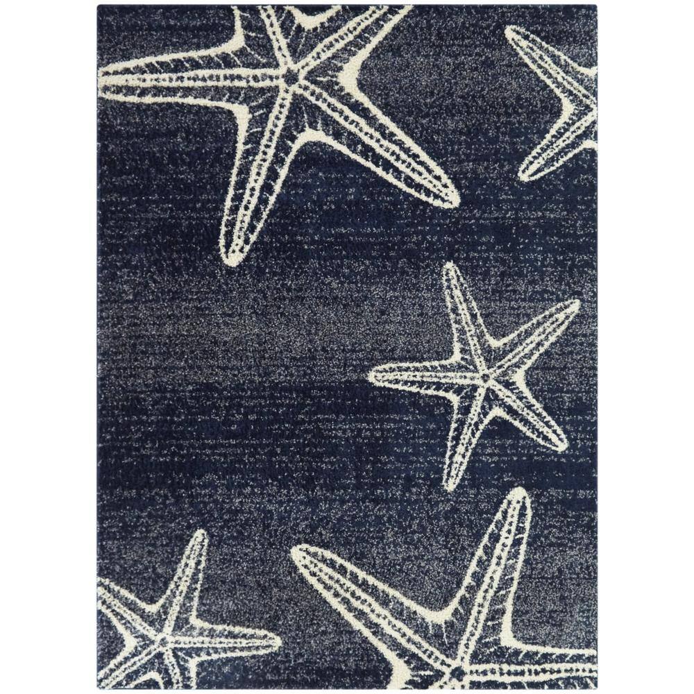 Navy Blue Coastal Starfish Rectangular Area Rug 5'3" x 7'