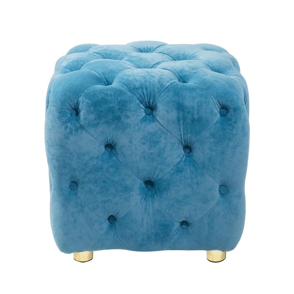 IDEAGLE Modern Blue Velvet Upholstered Square 18.1 in. Tufted Button Exquisite Ottoman Soft Foot Stool Dressing Makeup Chair