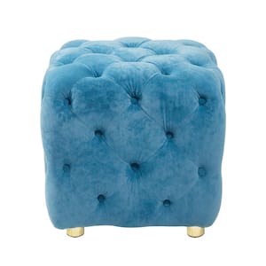 Modern Blue Velvet Upholstered Square 18.1 in. Tufted Button Exquisite Ottoman Soft Foot Stool Dressing Makeup Chair