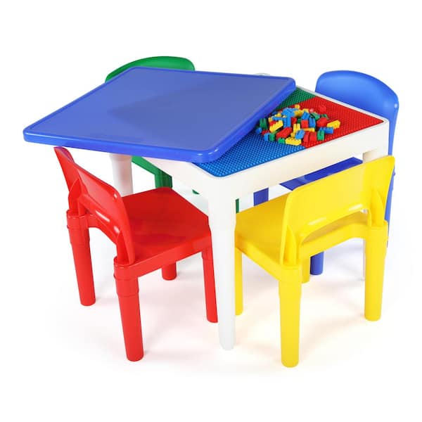 Humble Crew Playtime 5 Piece 2-in-1 Plastic Building Block-Compatible Kids Activity Table and 4-Chairs Set