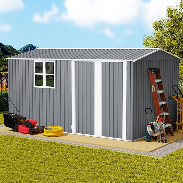 12 x 8 ft. Metal Storage Shed w/ Foundation Hinged Doors, Air Vents, Window for Backyard, Gray, Coverage Area-94 sq. ft.