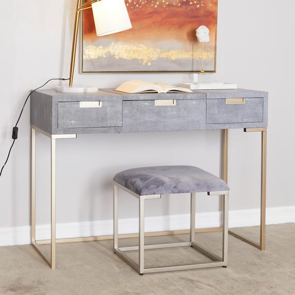 Litton Lane Gray Wood Vanity with Stool with Hidden Mirror (Set of 2)