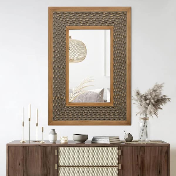 Sxiawe 24 in. W x 35 in. H Bohemian Rectangular Wood Frame Light Rustic Art Deco Wall Mirror Decorative Mirror