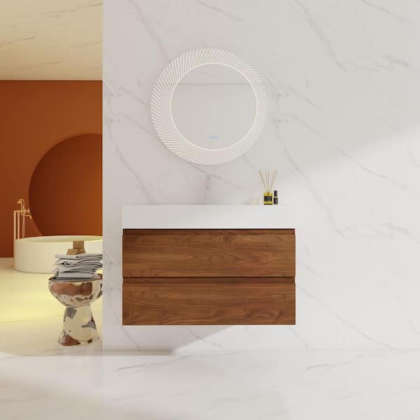 UPIKER Modern 36 in. W X 18 in. D x 24.4 in. H Single Sink Bath Vanity in Brown with White Resin Vanity Top