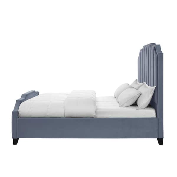 HomeRoots Blue Wood Frame Queen Panel Bed with Nail Head Trim; Upholstered