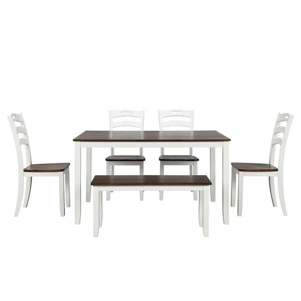 Utopia 4niture Jellian 6-Piece Rectangular Wood Top Ivory and Cherry Dining Table Set with Bench