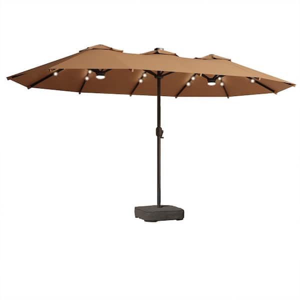 Graser Double Top 14.5 ft. Steel Cantilever Outdoor Patio Umbrella with Base and Solar LED in Khaki