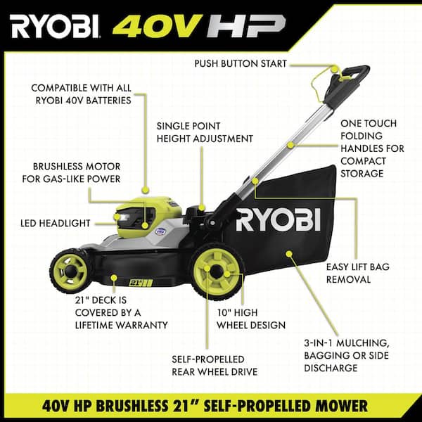 RYOBI Tondeuse automotrice AWD 40V HP Brushless 21 pouces avec (2)  batteries 6.0 Ah et cha