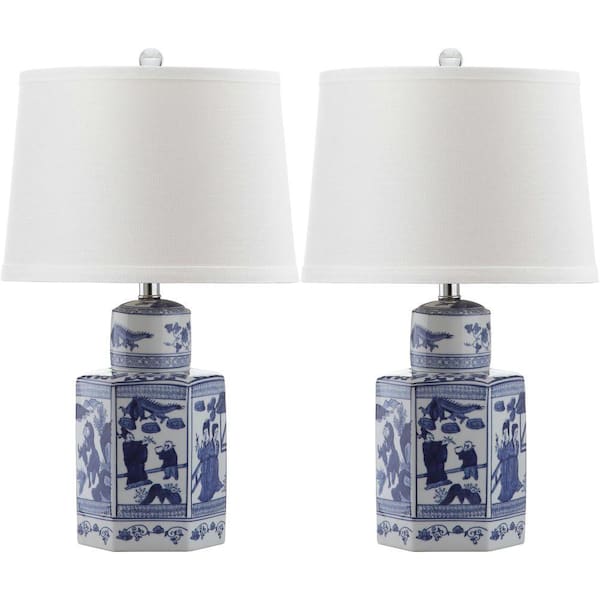 SAFAVIEH Judy 27 in. Antique White/Blue Table Lamp with Off-White Shade (Set of 2)
