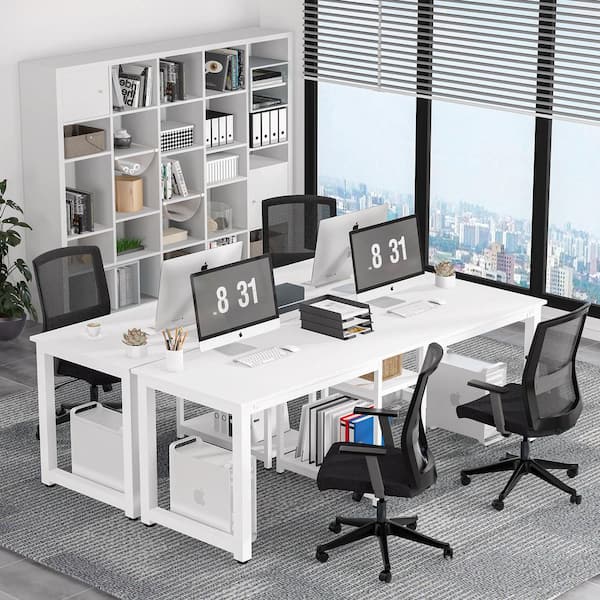 Halseey 78 in. Rectangular White Wood Computer Desk Two Person Writing Desk with Metal Frame and Storage Shelves