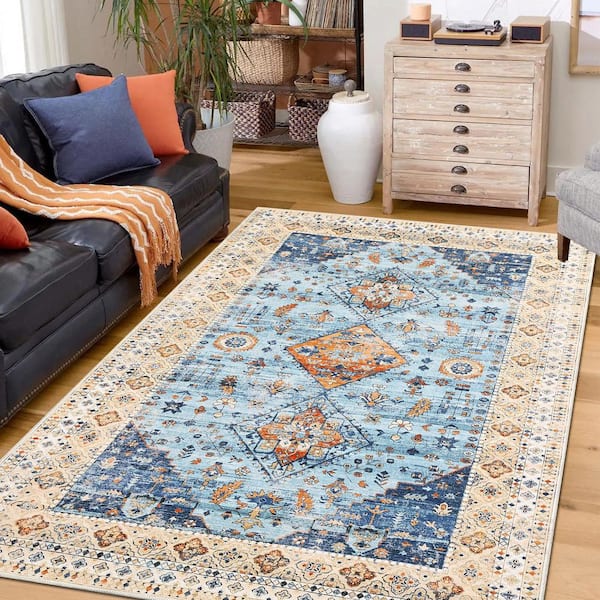 Vintage Yellow Blue, 9 ft. x 12 ft. Floral Rug Oriental Style Distressed Rug Washable Rug Low Pile Non-Slip Area Rug