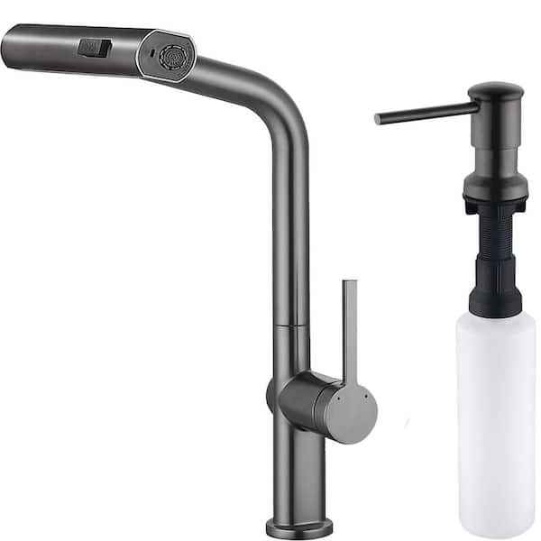 ruiling 18 in. Single Handle Pull Down Sprayer Kitchen Faucet with Soap Dispenser with 360° Spout Swivel in Matte Gray