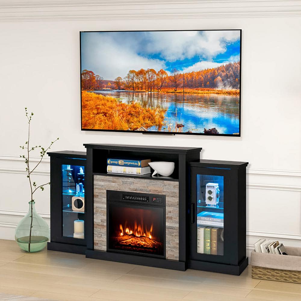 Black MDF TV Stand with Fireplace and LED Lights for 65-inch TVs