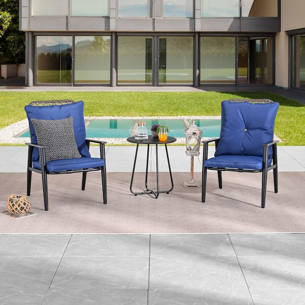 3 of Pieces Metal Patio Conversation Set with Blue Cushions
